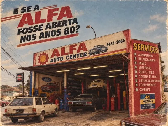 Montagem da fachada da Alfa Auto Center em estilo anos 80, com a placa de serviços