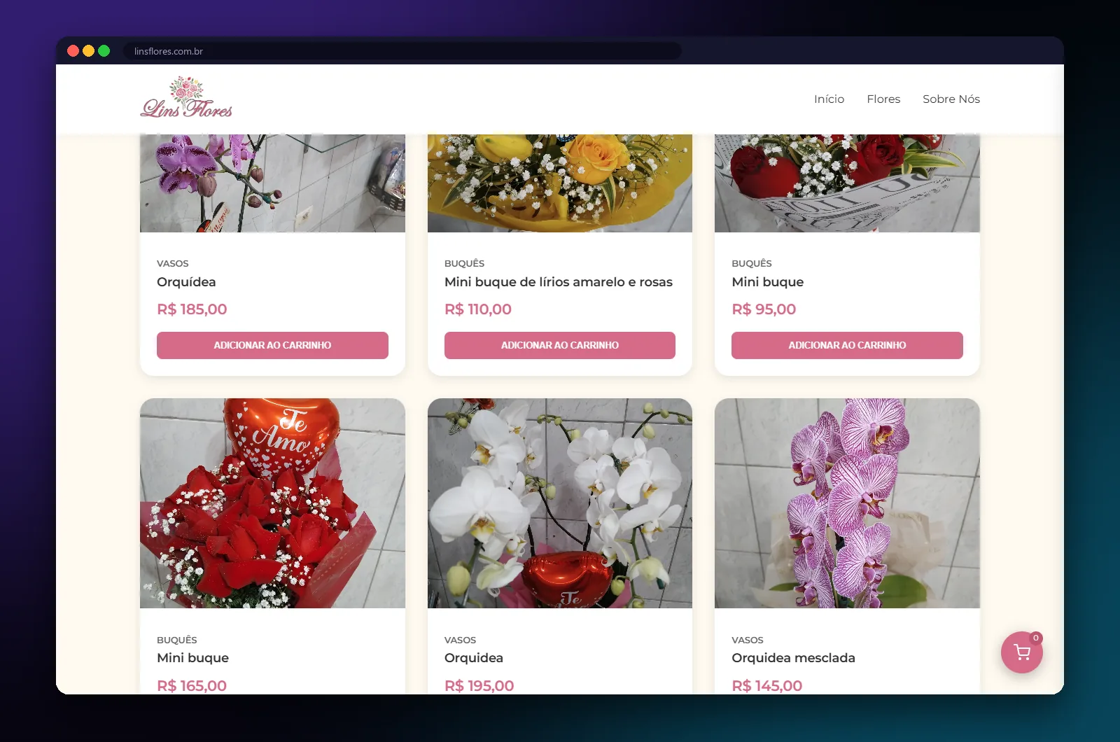 LinsFlores: seção do site no computador