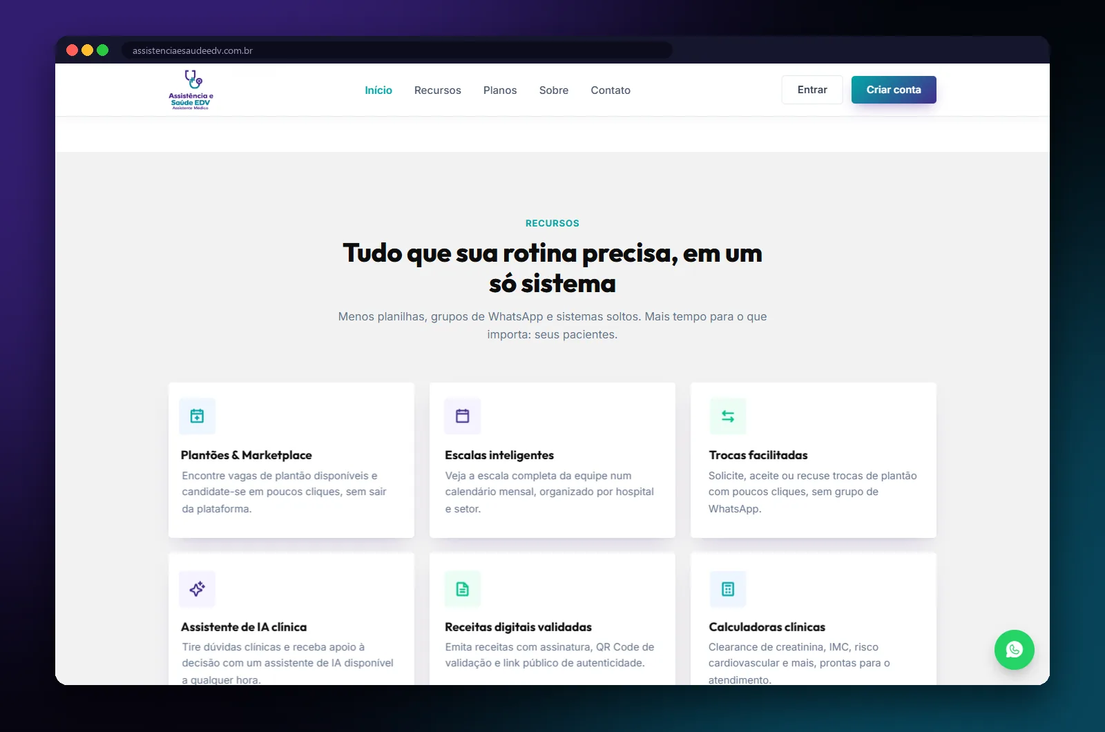 Assistência e Saúde EDV: seção do site no computador