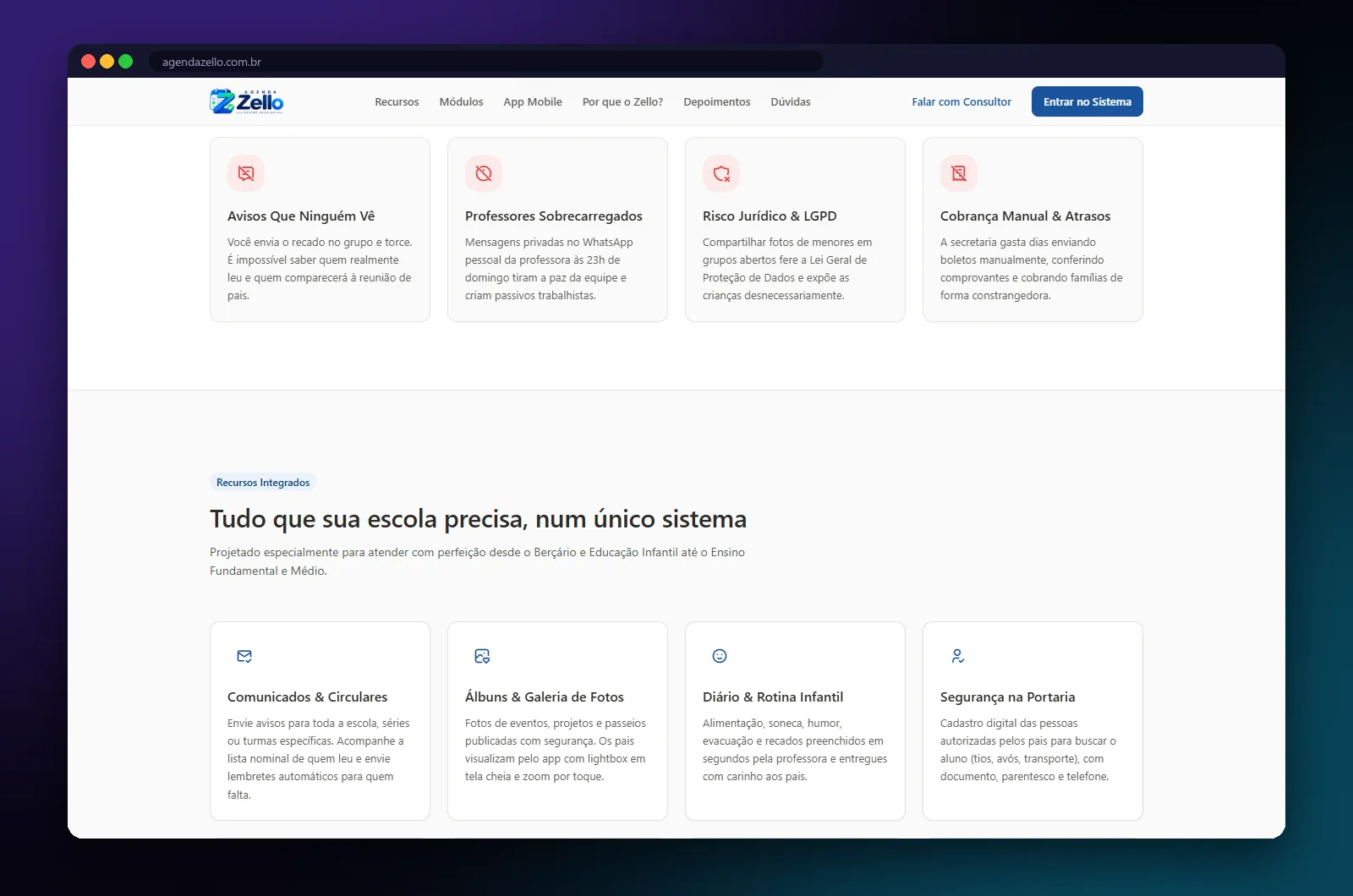 Agenda Zello: seção do site no computador