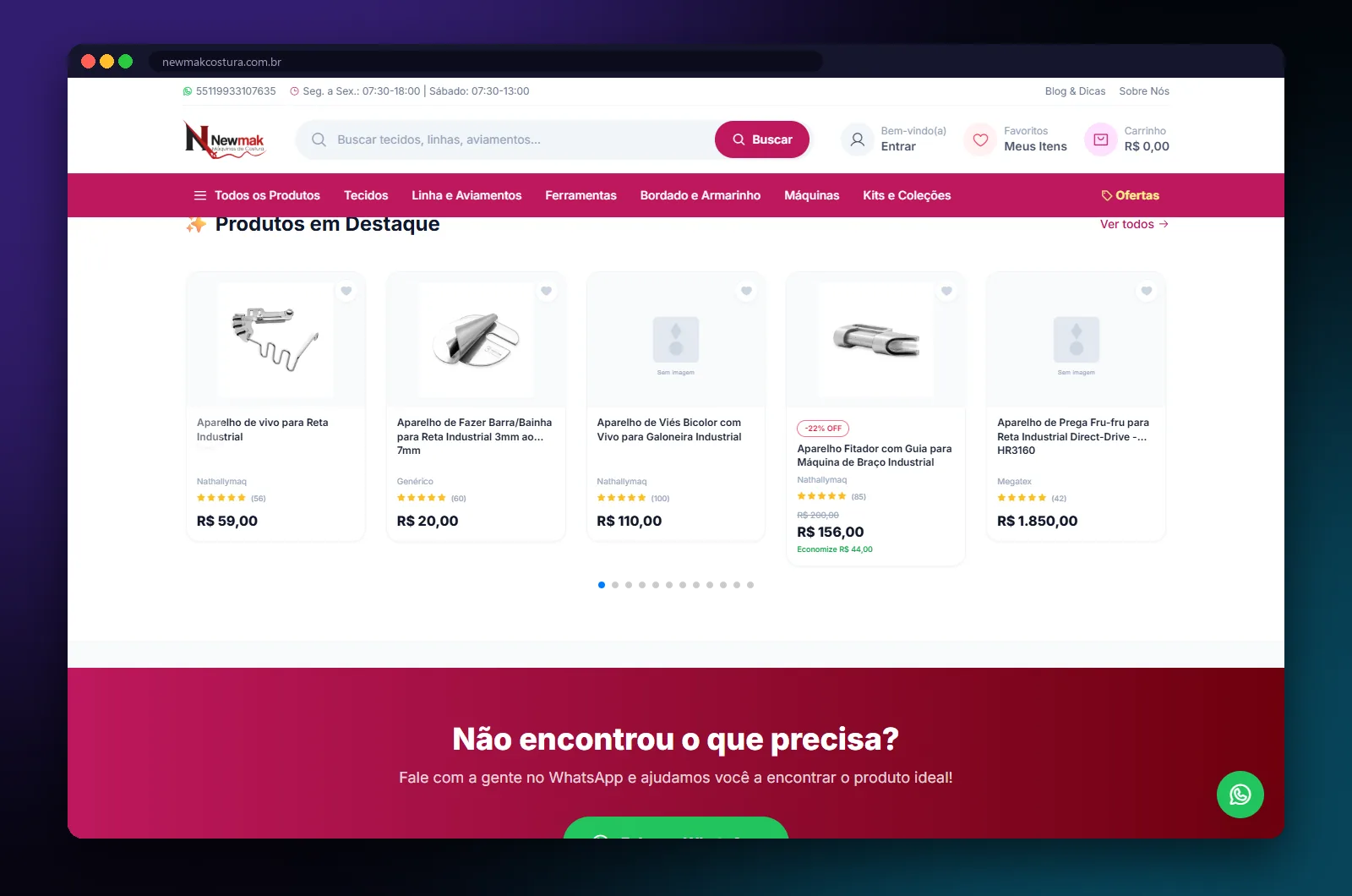 NewMak Costura: seção do site no computador