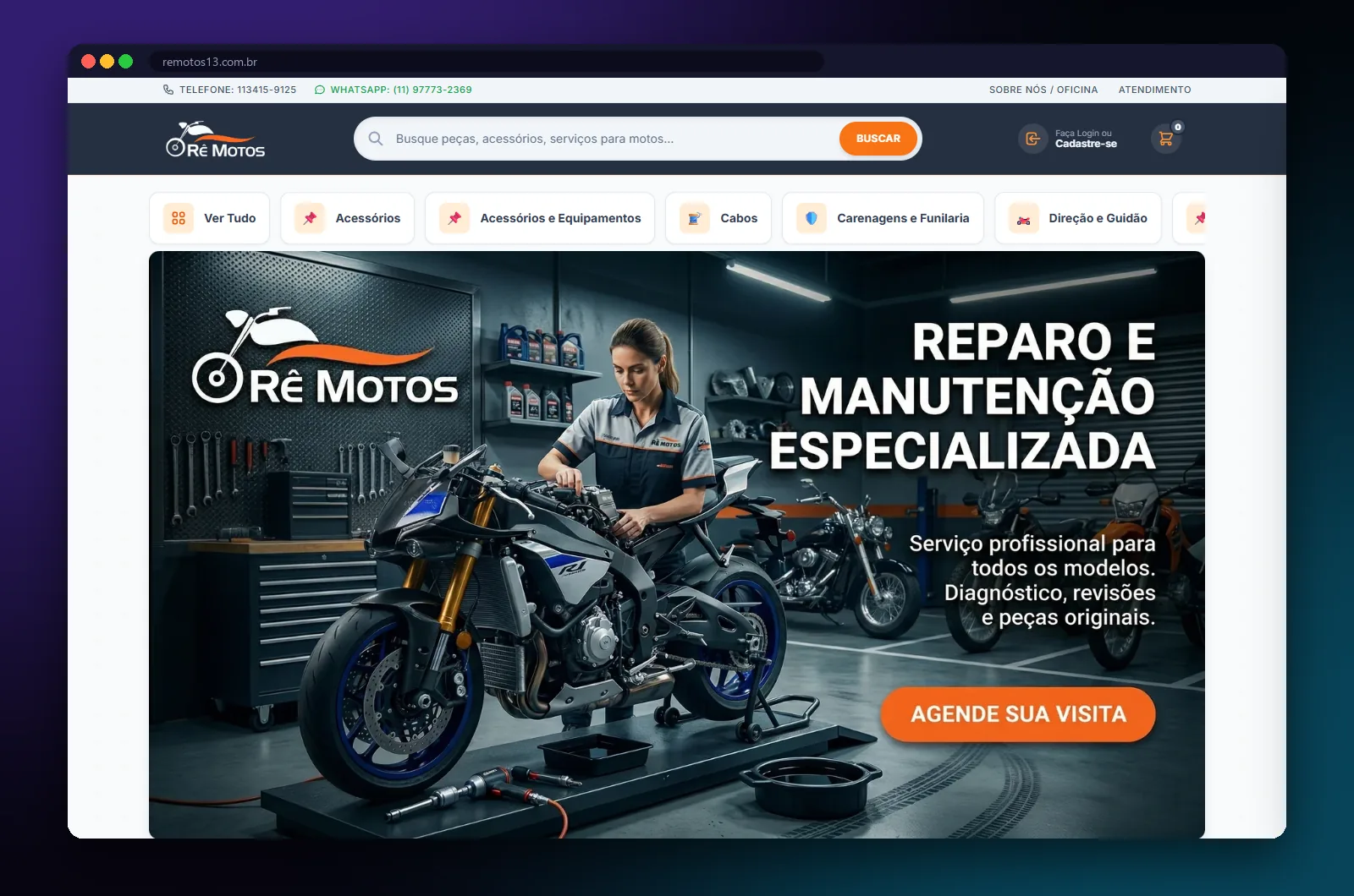 Rê Motos: página inicial no computador