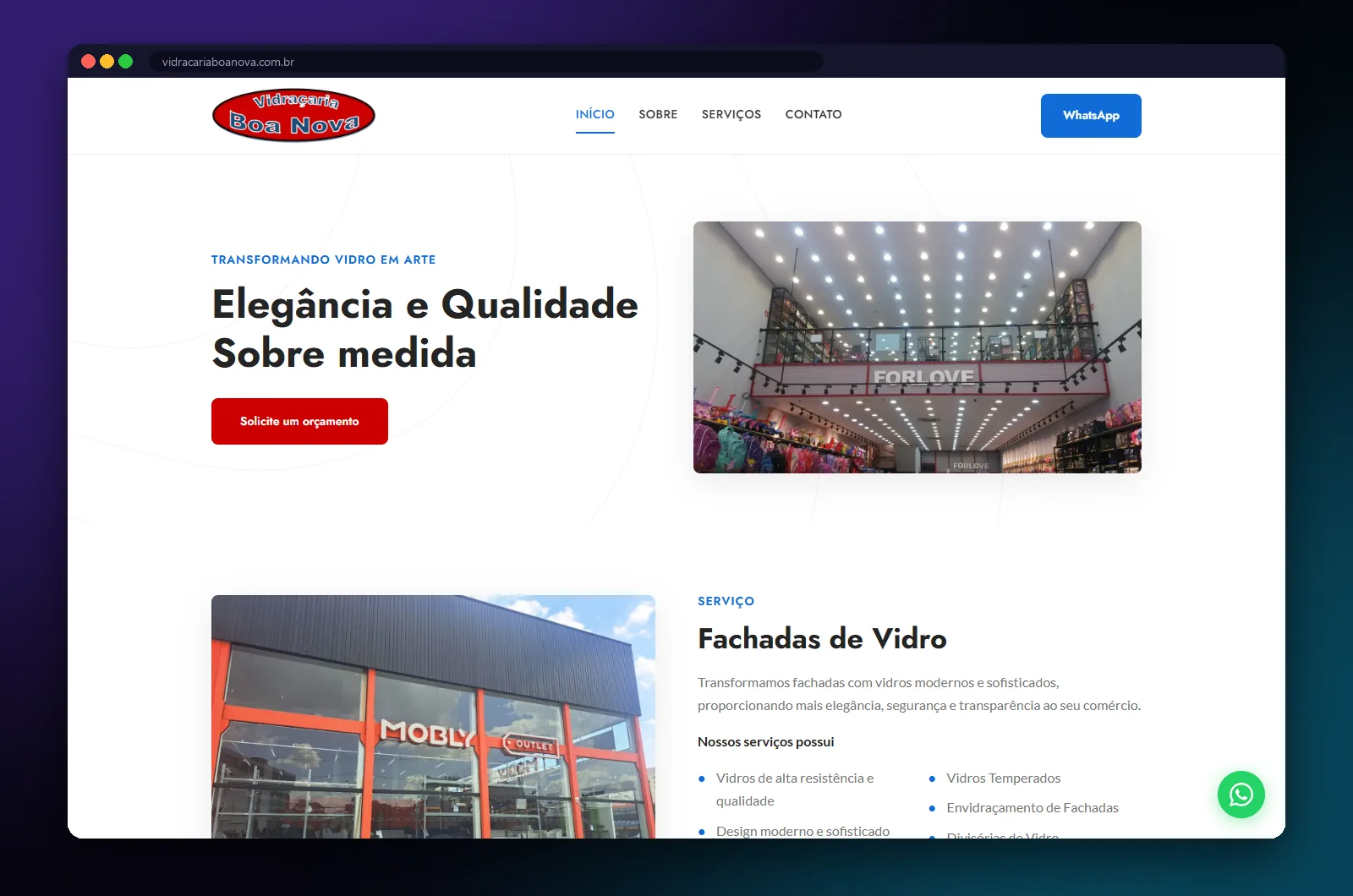 Vidraçaria Boa Nova: página inicial no computador