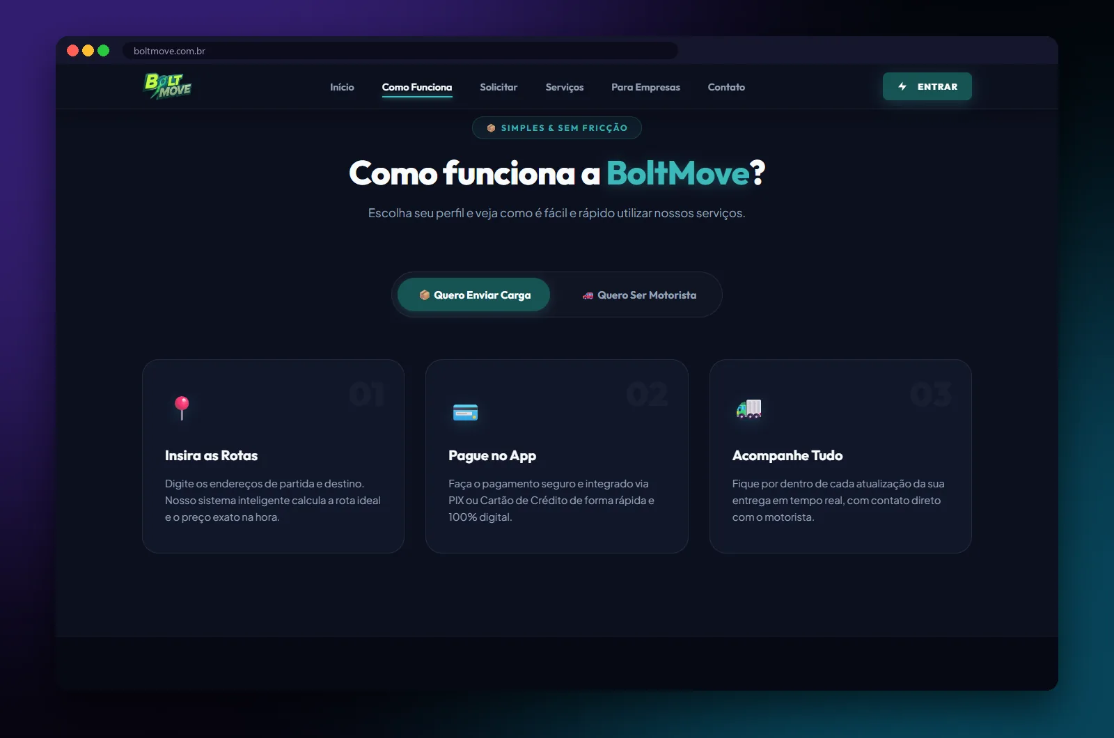 BoltMove: seção do site no computador
