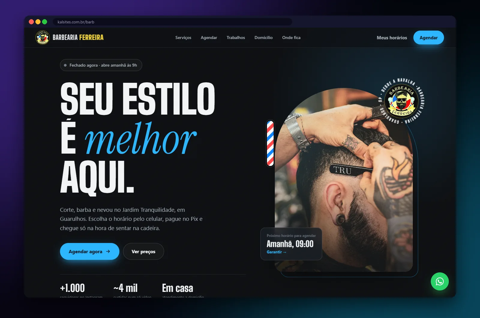 Barbearia Ferreira: página inicial no computador