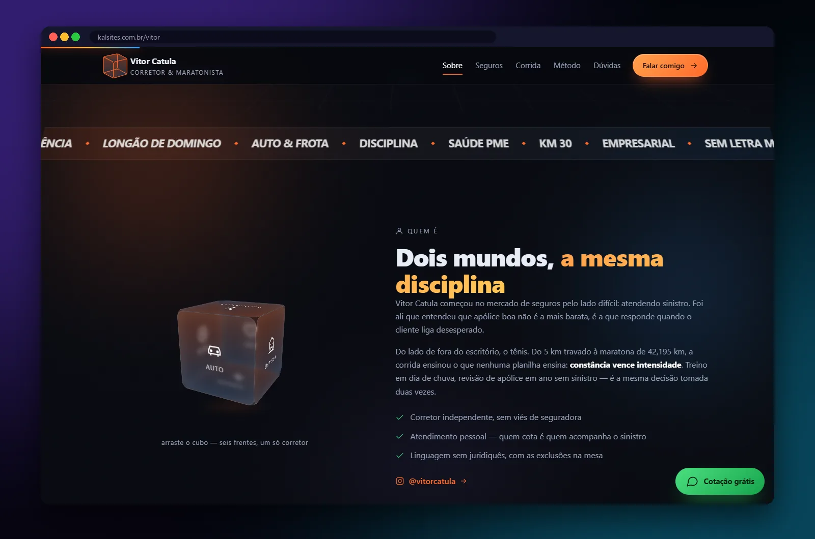 Vitor Catula: seção do site no computador