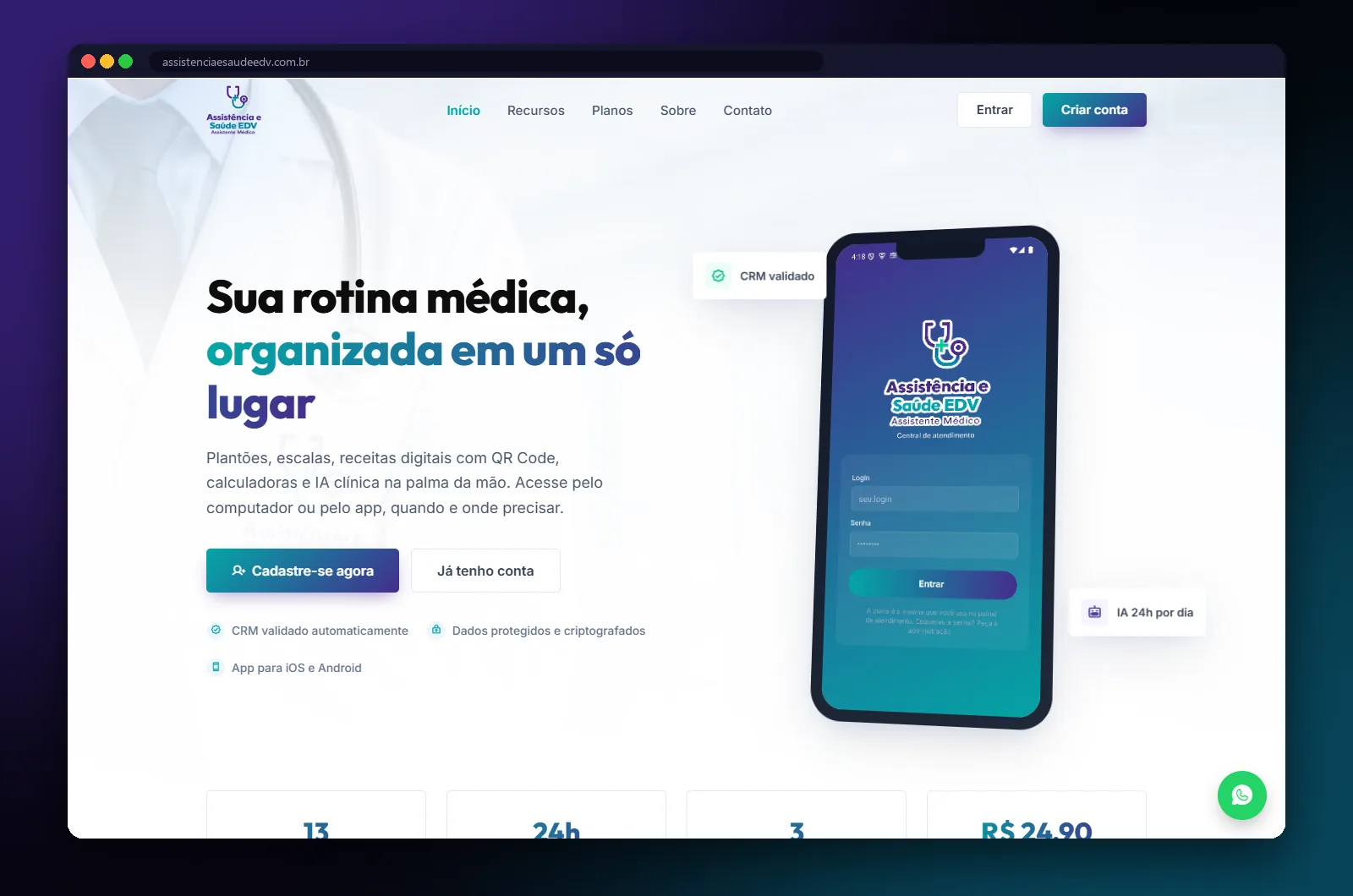 Assistência e Saúde EDV: página inicial no computador