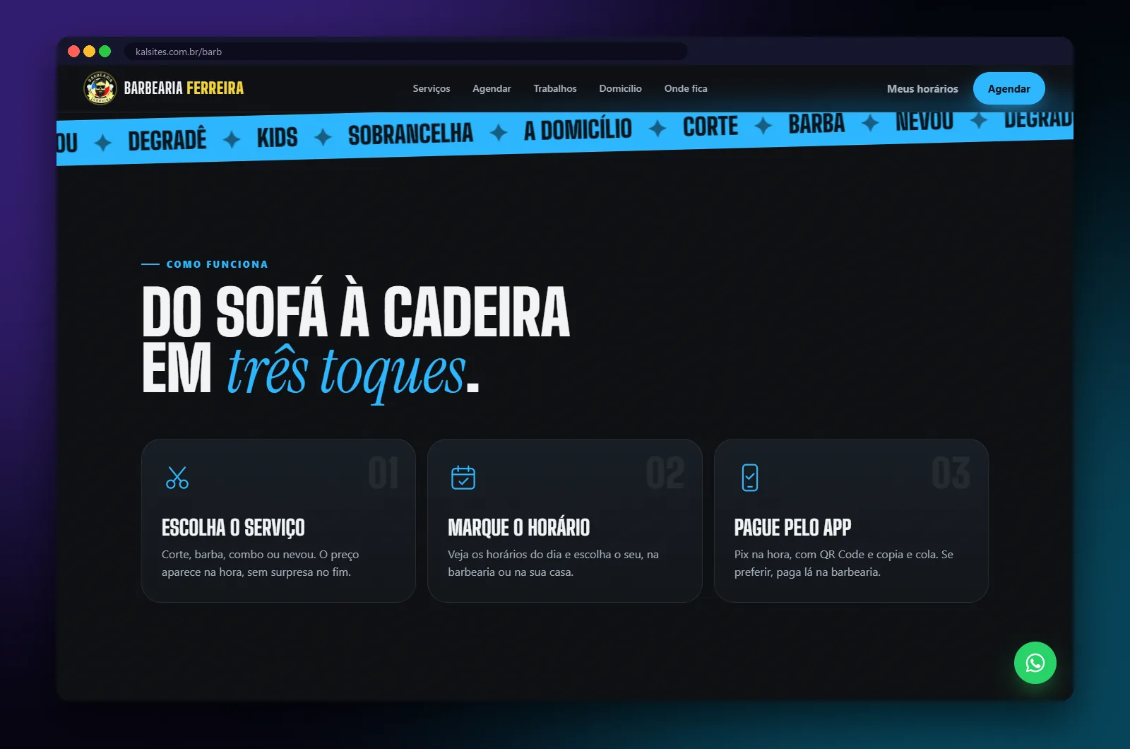 Barbearia Ferreira: seção do site no computador