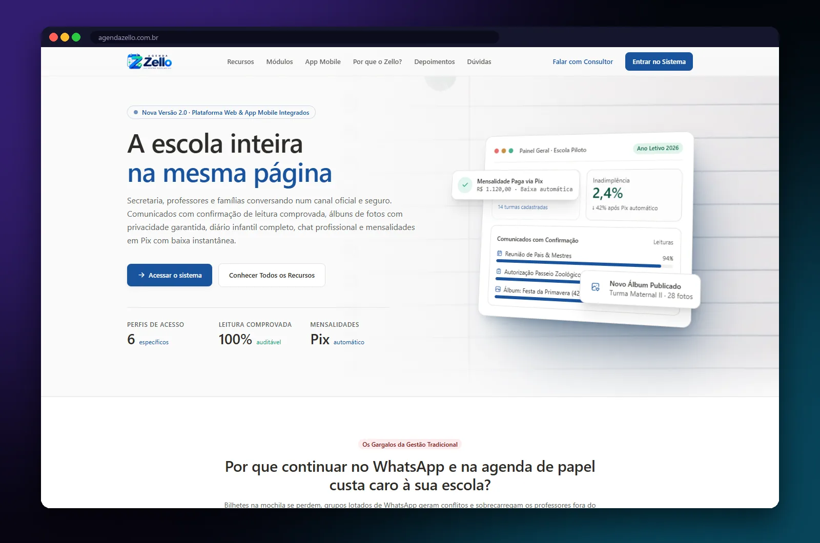 Agenda Zello: página inicial no computador