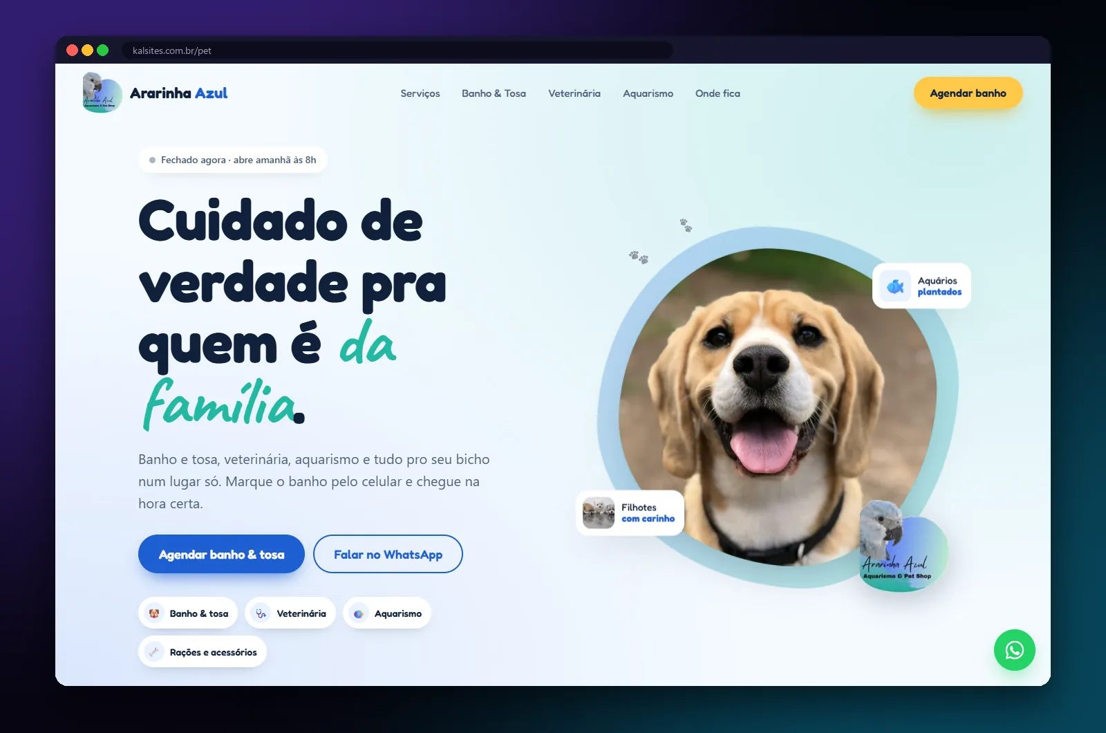 Ararinha Azul Pet Shop: página inicial no computador