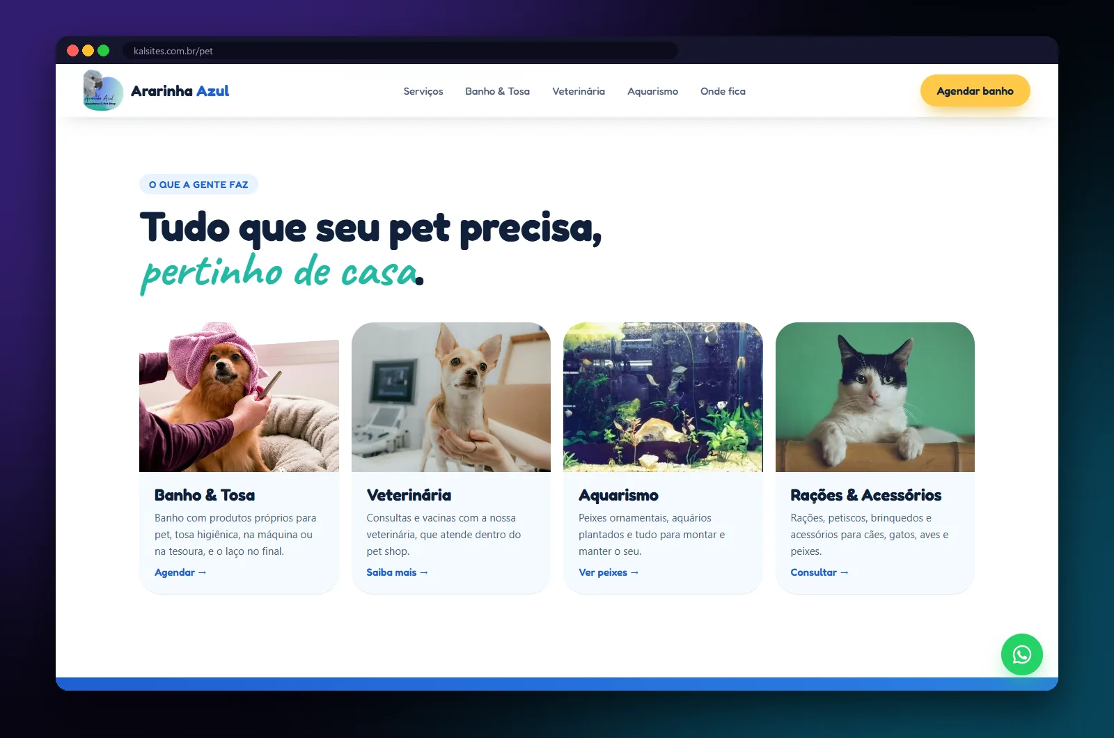 Ararinha Azul Pet Shop: seção do site no computador